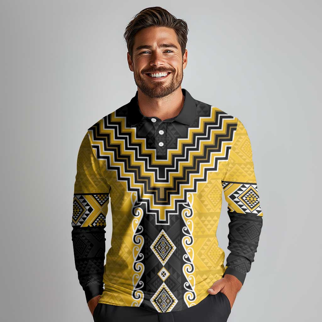 Yellow Niho Taniwha Mix Poutama Long Sleeve Polo Shirt Unique Taniko Aotearoa