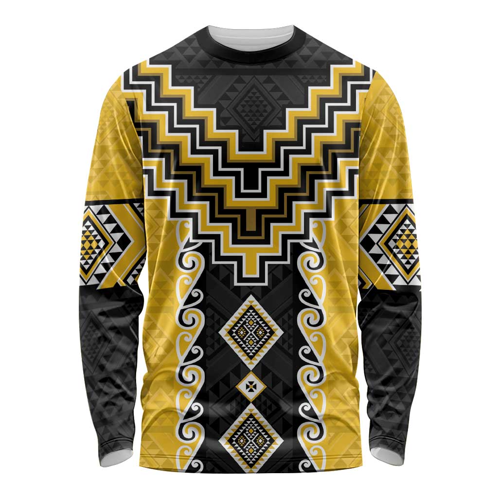 Yellow Niho Taniwha Mix Poutama Long Sleeve Shirt Unique Taniko Aotearoa