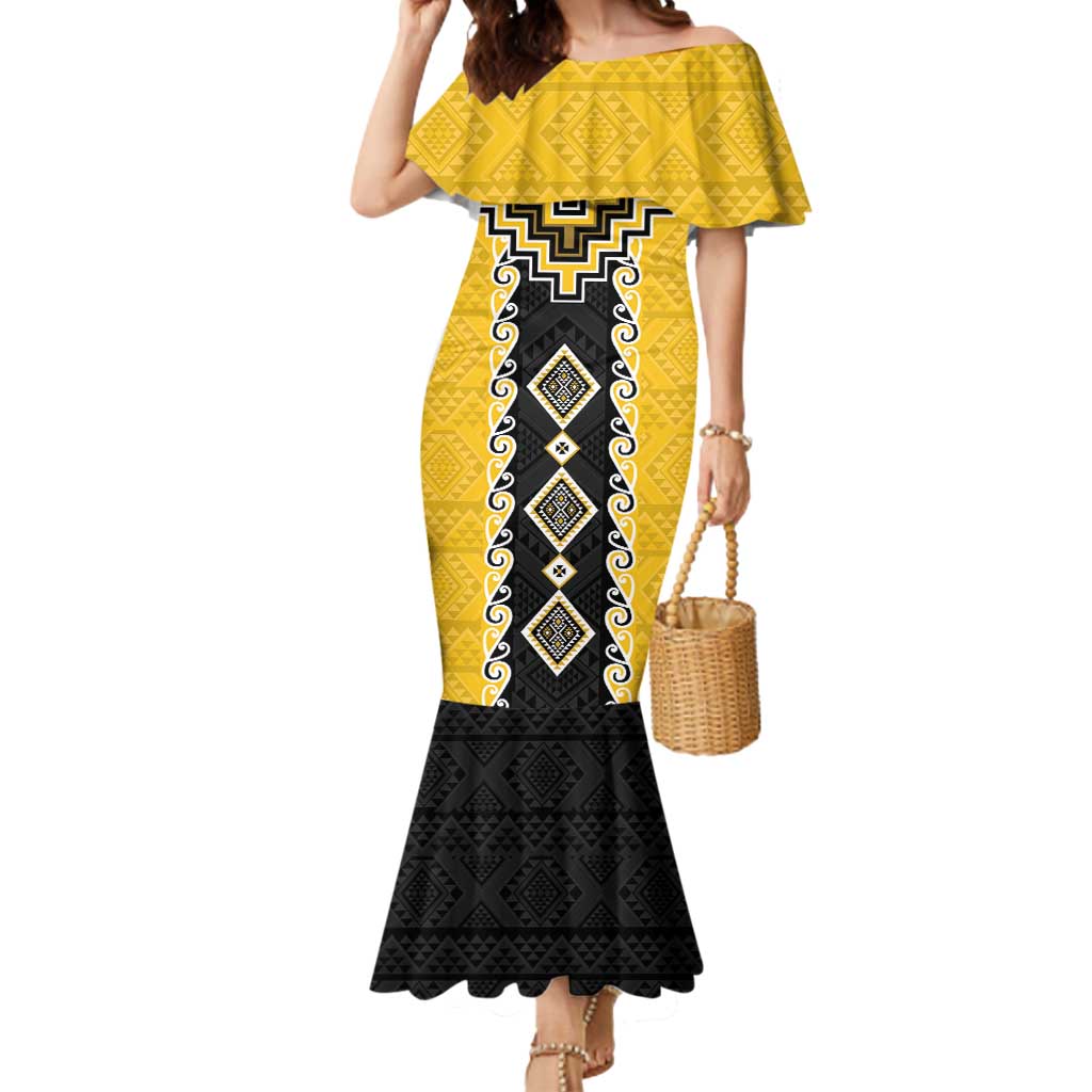 Yellow Niho Taniwha Mix Poutama Mermaid Dress Unique Taniko Aotearoa