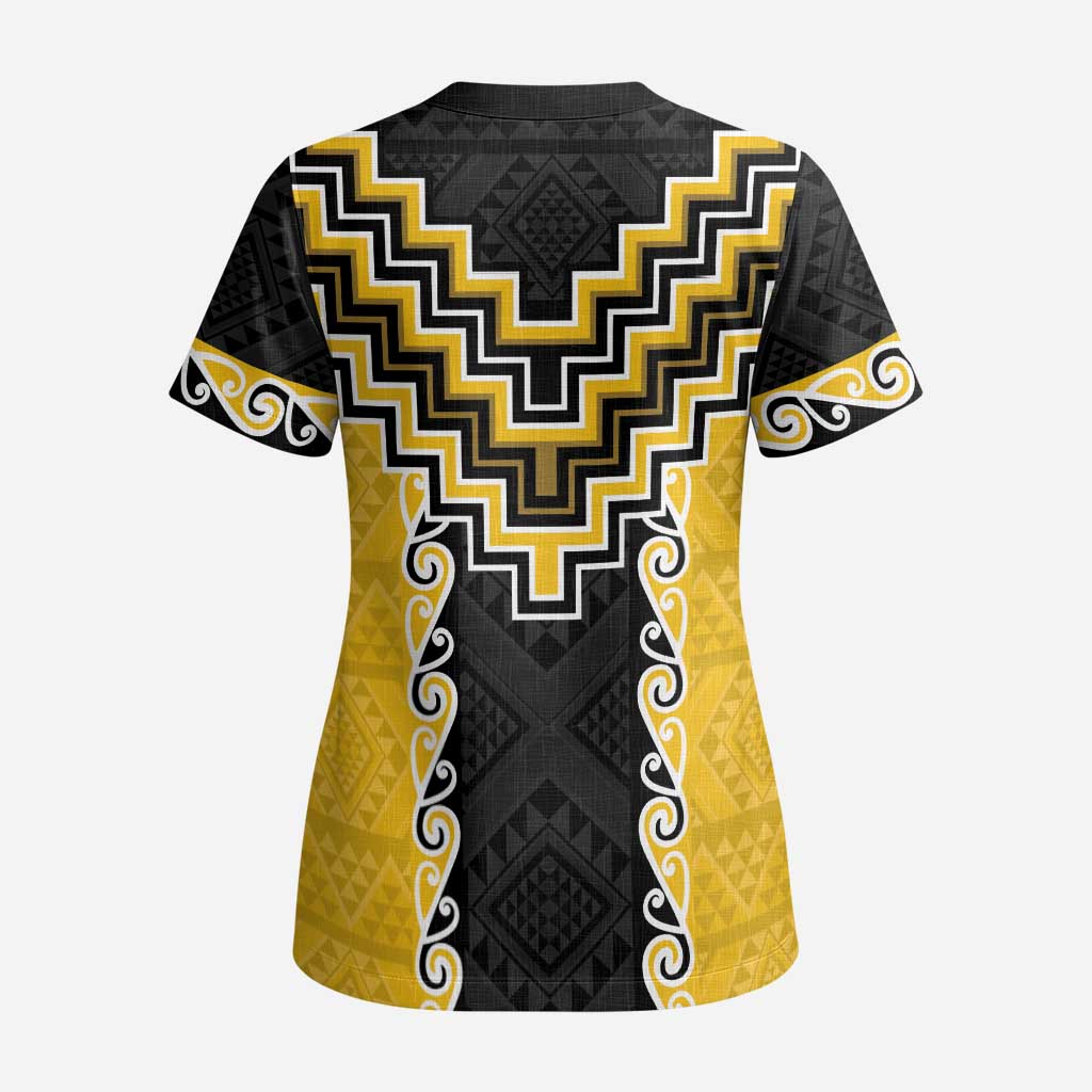 Yellow Niho Taniwha Mix Poutama Scrub Top Unique Taniko Aotearoa - Polynesian Pride