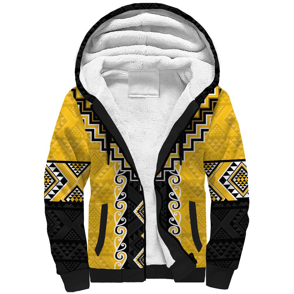 Yellow Niho Taniwha Mix Poutama Sherpa Hoodie Unique Taniko Aotearoa