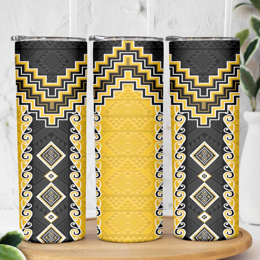 Yellow Niho Taniwha Mix Poutama Skinny Tumbler Unique Taniko Aotearoa