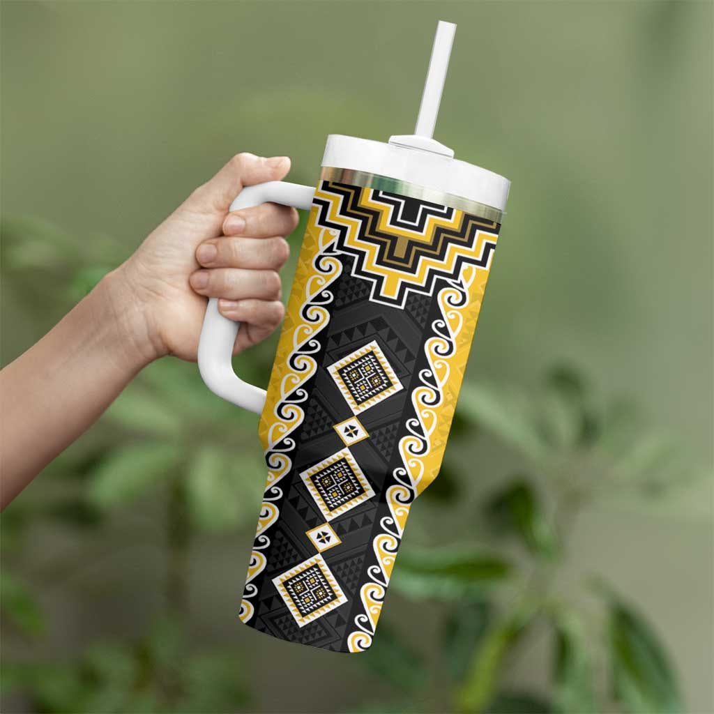 Yellow Niho Taniwha Mix Poutama Tumbler With Handle Unique Taniko Aotearoa