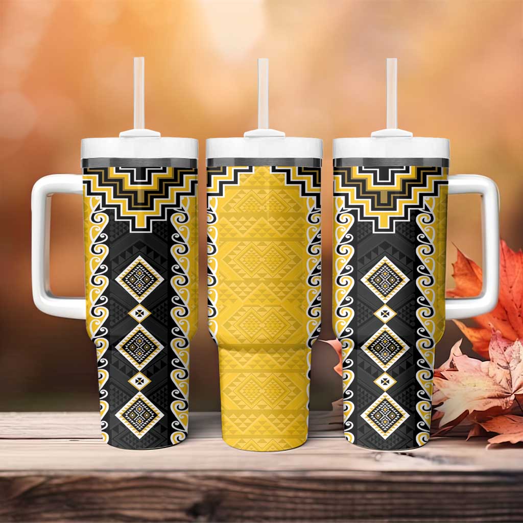 Yellow Niho Taniwha Mix Poutama Tumbler With Handle Unique Taniko Aotearoa