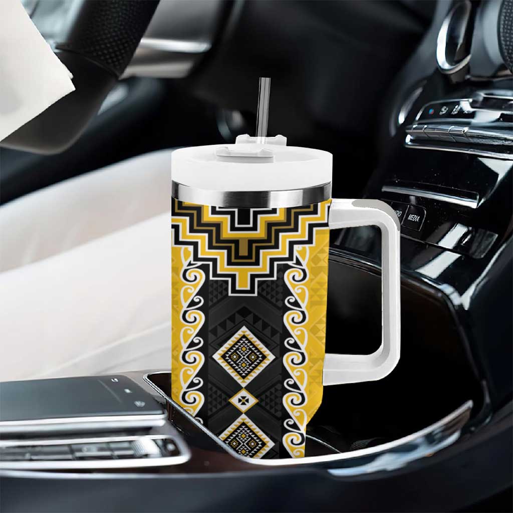 Yellow Niho Taniwha Mix Poutama Tumbler With Handle Unique Taniko Aotearoa