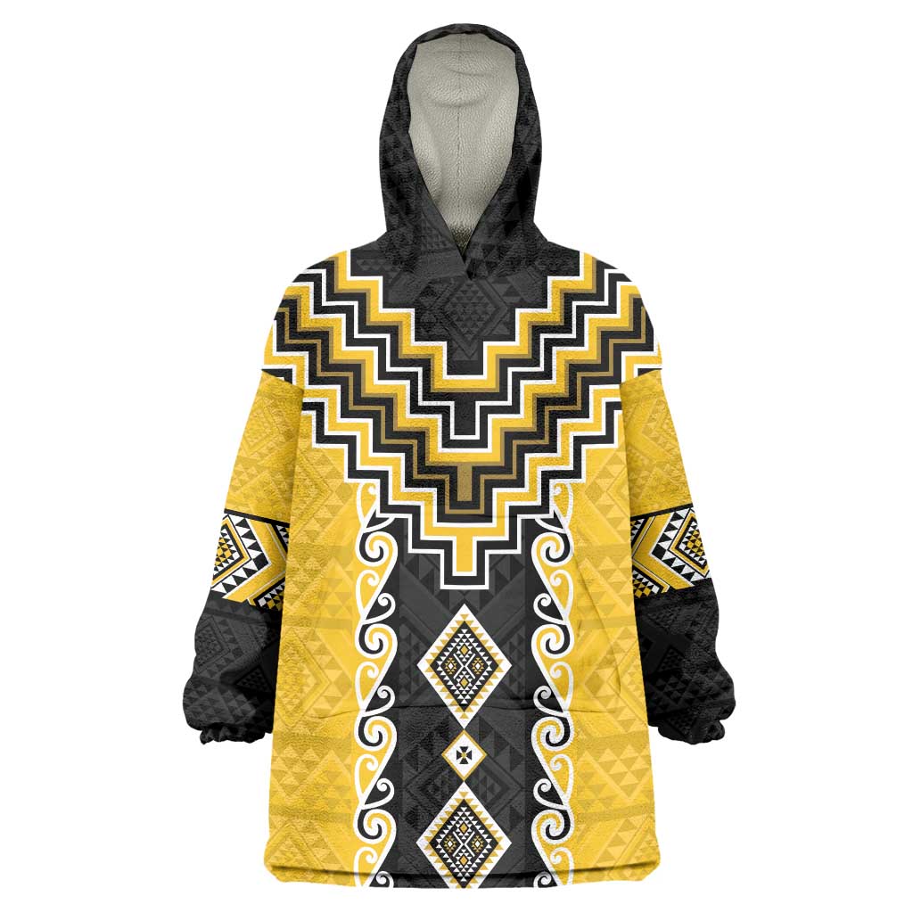 Yellow Niho Taniwha Mix Poutama Wearable Blanket Hoodie Unique Taniko Aotearoa