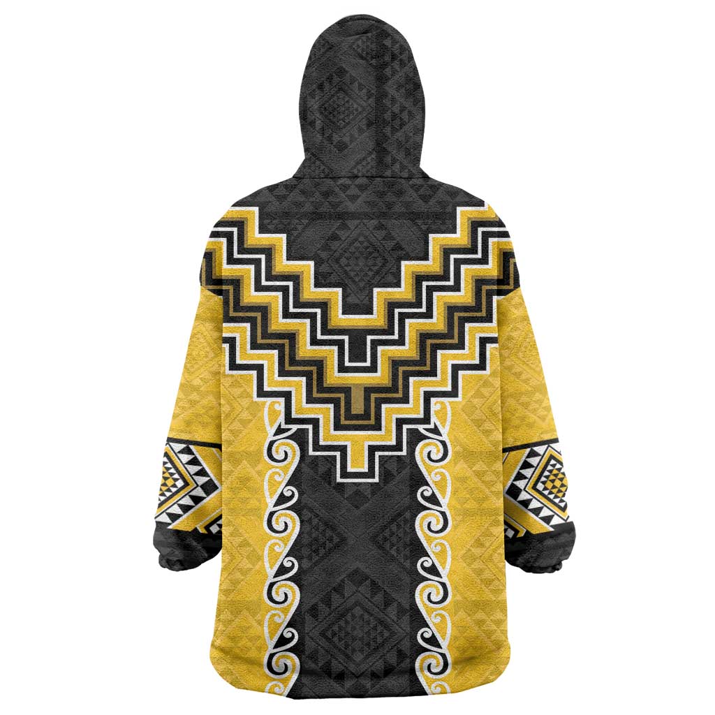 Yellow Niho Taniwha Mix Poutama Wearable Blanket Hoodie Unique Taniko Aotearoa
