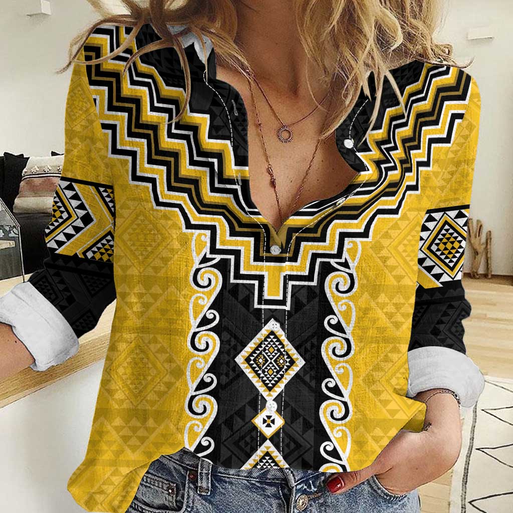 Yellow Niho Taniwha Mix Poutama Women Casual Shirt Unique Taniko Aotearoa