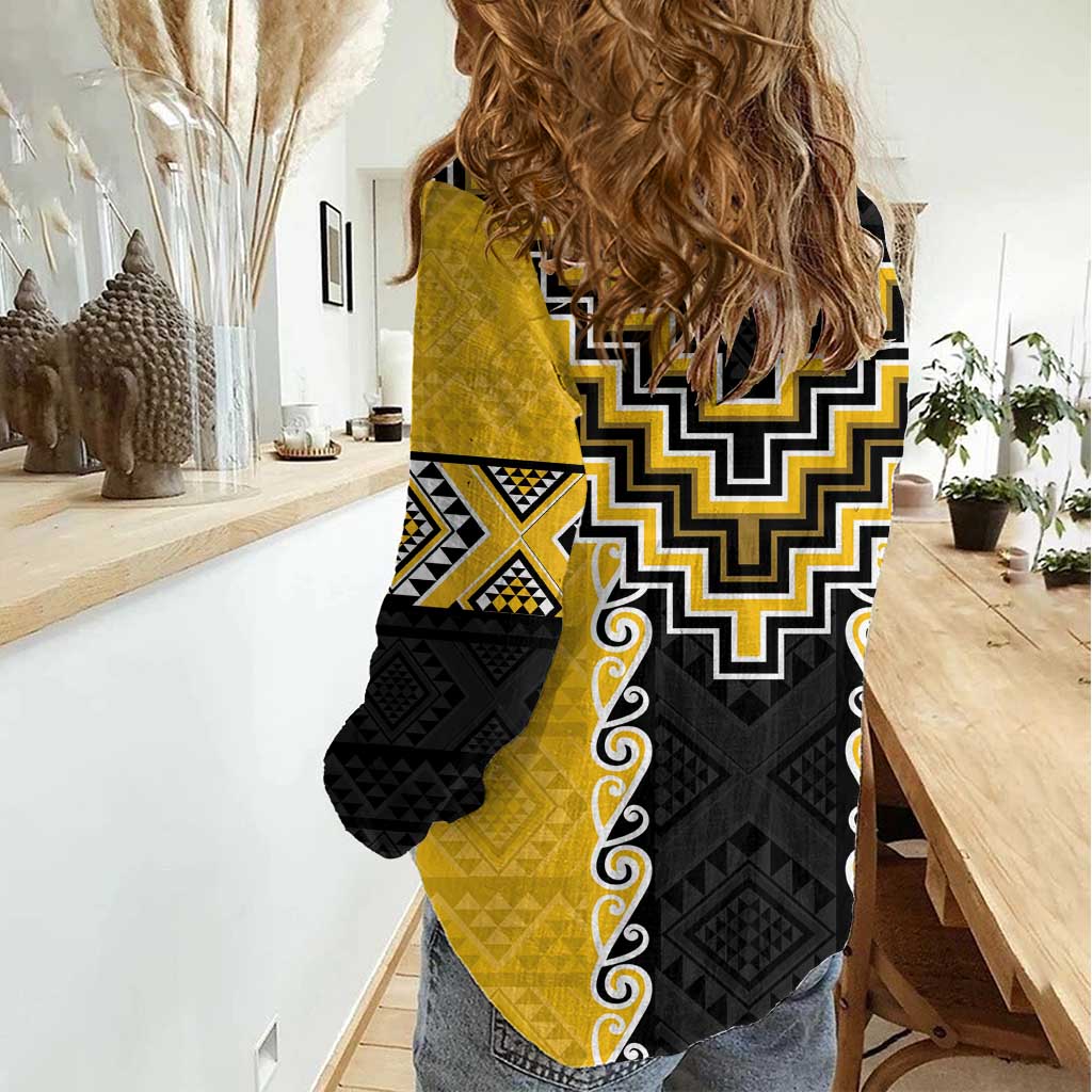 Yellow Niho Taniwha Mix Poutama Women Casual Shirt Unique Taniko Aotearoa