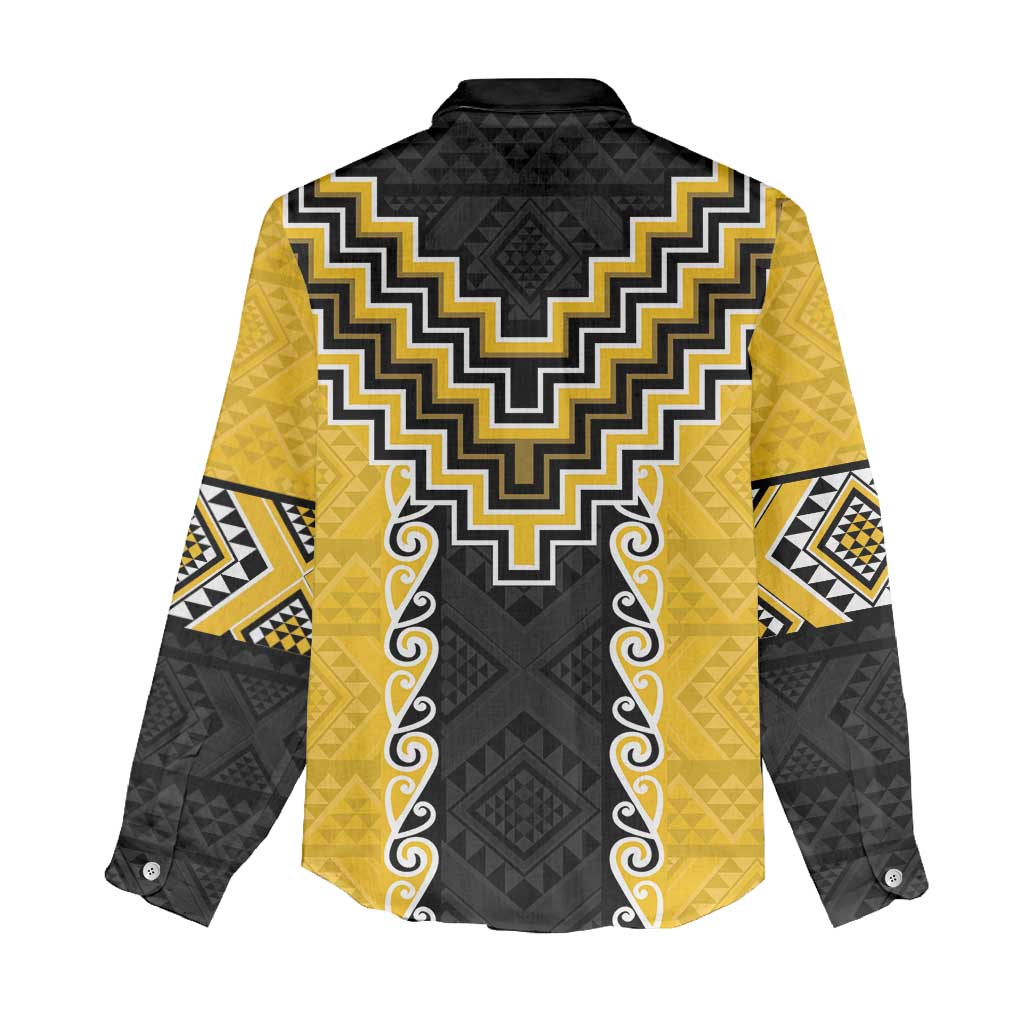 Yellow Niho Taniwha Mix Poutama Women Casual Shirt Unique Taniko Aotearoa