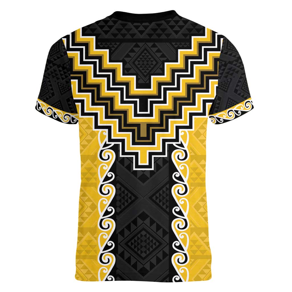 Yellow Niho Taniwha Mix Poutama Women V-Neck T-Shirt Unique Taniko Aotearoa LT01 - Polynesian Pride