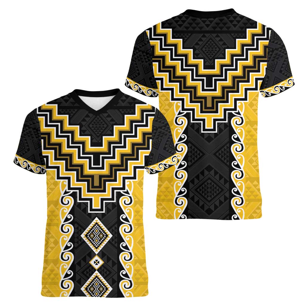 Yellow Niho Taniwha Mix Poutama Women V-Neck T-Shirt Unique Taniko Aotearoa LT01 - Polynesian Pride