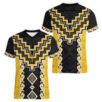 Yellow Niho Taniwha Mix Poutama Women V-Neck T-Shirt Unique Taniko Aotearoa LT01 - Polynesian Pride
