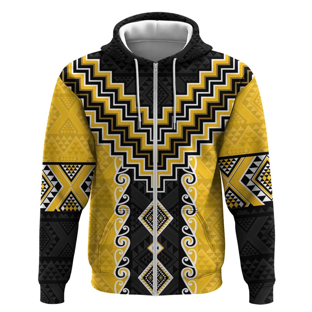 Yellow Niho Taniwha Mix Poutama Zip Hoodie Unique Taniko Aotearoa