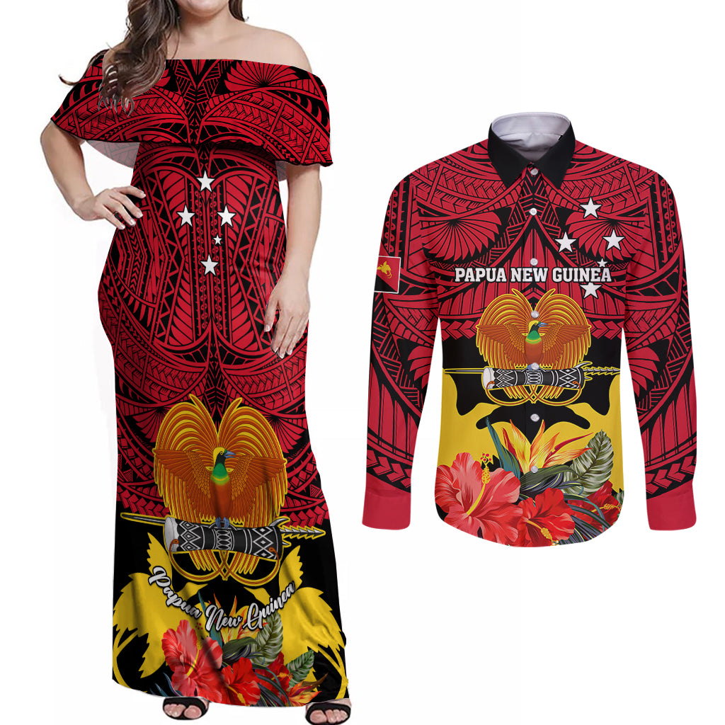 Papua New Guinea Couples Matching Off Shoulder Maxi Dress and Long Sleeve Button Shirts Bird Of Paradise Mix Polynesian Pattern LT01 Red - Polynesian Pride