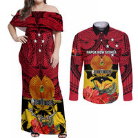 Papua New Guinea Couples Matching Off Shoulder Maxi Dress and Long Sleeve Button Shirts Bird Of Paradise Mix Polynesian Pattern LT01 Red - Polynesian Pride