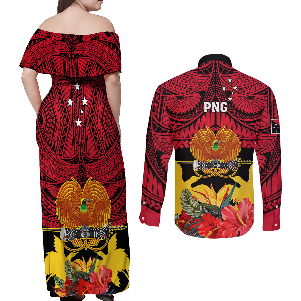Papua New Guinea Couples Matching Off Shoulder Maxi Dress and Long Sleeve Button Shirts Bird Of Paradise Mix Polynesian Pattern LT01 - Polynesian Pride
