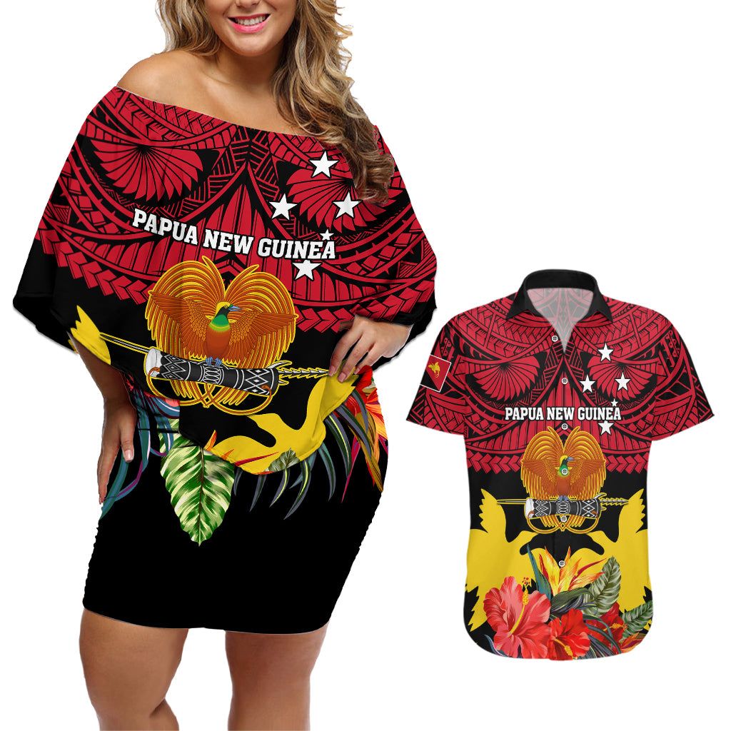 Papua New Guinea Couples Matching Off Shoulder Short Dress and Hawaiian Shirt Bird Of Paradise Mix Polynesian Pattern LT01 Red - Polynesian Pride
