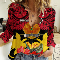 Papua New Guinea Women Casual Shirt Bird Of Paradise Mix Polynesian Pattern LT01 Female Red - Polynesian Pride