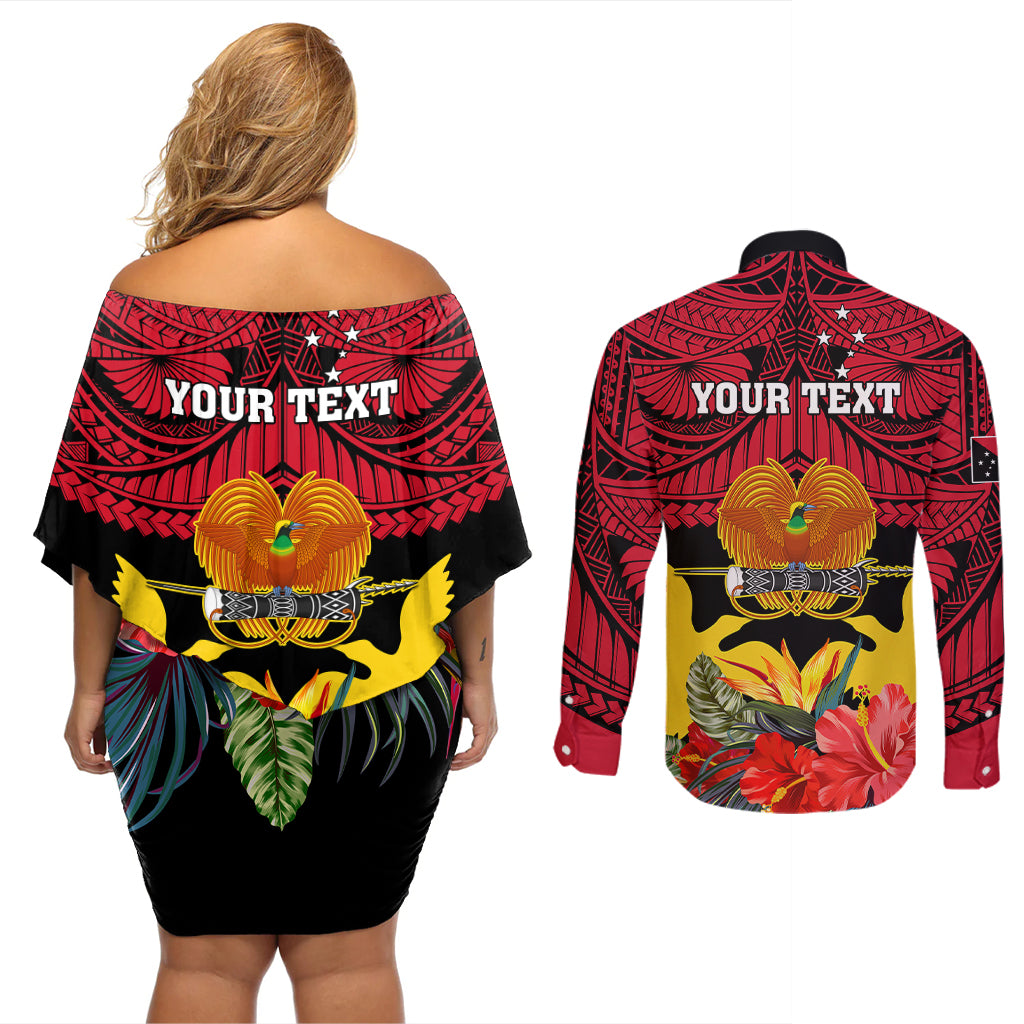 Personalised Papua New Guinea Couples Matching Off Shoulder Short Dress and Long Sleeve Button Shirts Bird Of Paradise Mix Polynesian Pattern LT01 - Polynesian Pride
