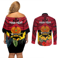Personalised Papua New Guinea Couples Matching Off Shoulder Short Dress and Long Sleeve Button Shirts Bird Of Paradise Mix Polynesian Pattern LT01 - Polynesian Pride