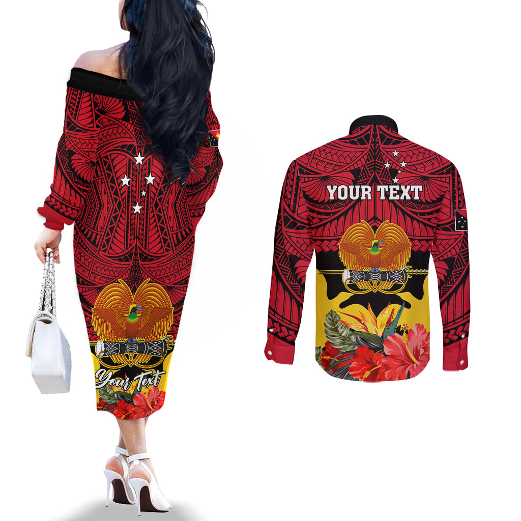 Personalised Papua New Guinea Couples Matching Off The Shoulder Long Sleeve Dress and Long Sleeve Button Shirts Bird Of Paradise Mix Polynesian Pattern LT01 - Polynesian Pride