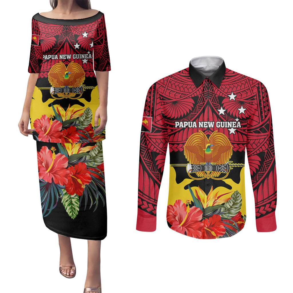 Personalised Papua New Guinea Couples Matching Puletasi Dress and Long Sleeve Button Shirts Bird Of Paradise Mix Polynesian Pattern LT01 Red - Polynesian Pride