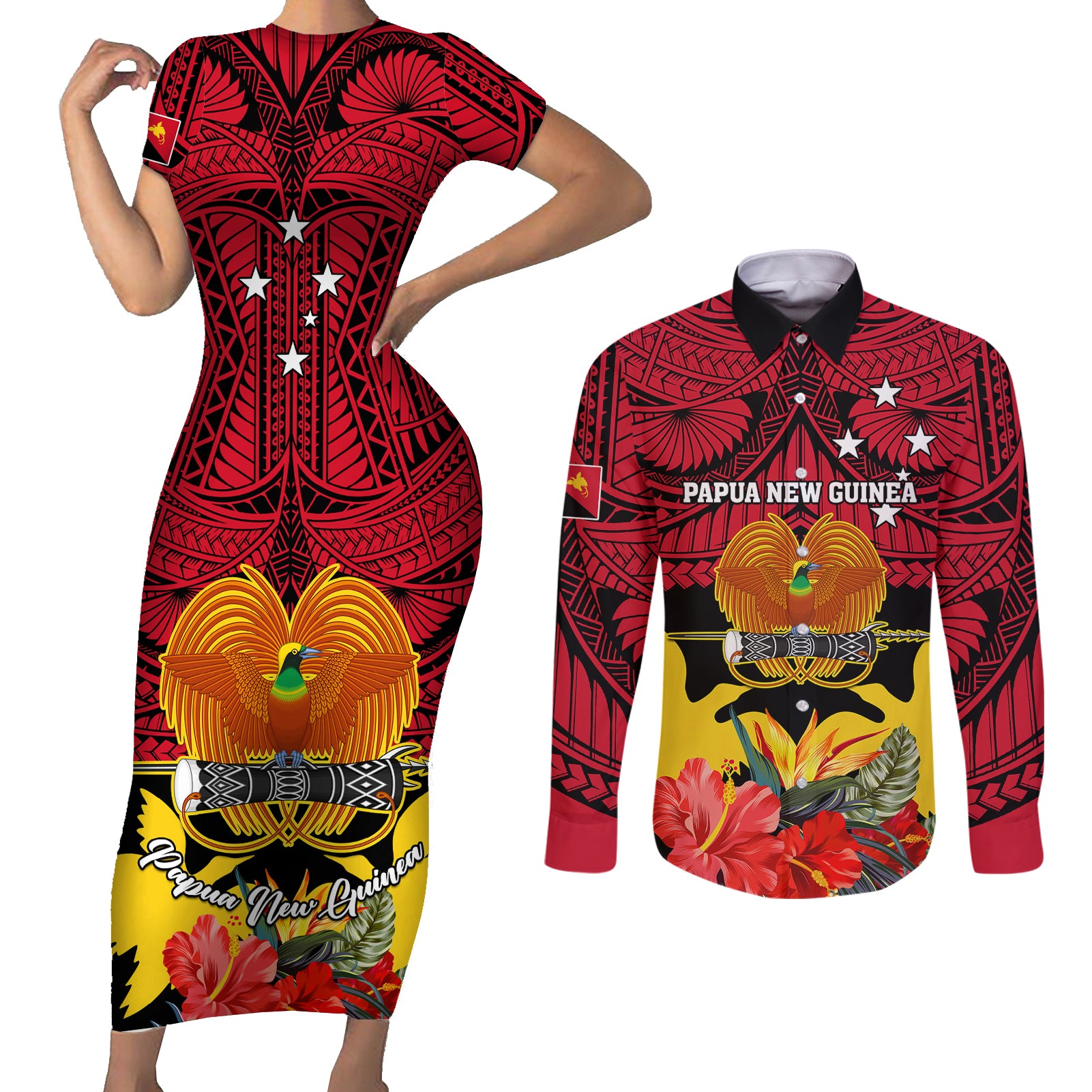 Personalised Papua New Guinea Couples Matching Short Sleeve Bodycon Dress and Long Sleeve Button Shirts Bird Of Paradise Mix Polynesian Pattern LT01 Red - Polynesian Pride