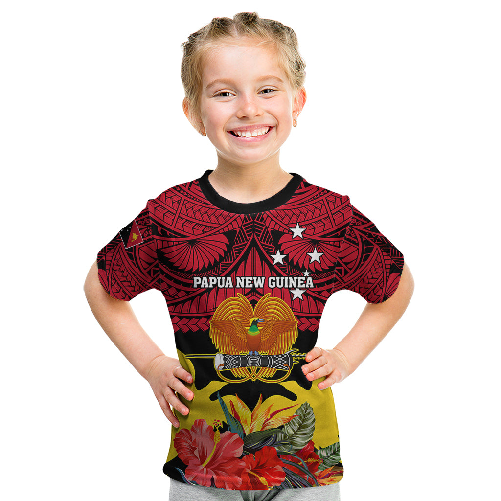Personalised Papua New Guinea Kid T Shirt Bird Of Paradise Mix Polynesian Pattern LT01 Red - Polynesian Pride