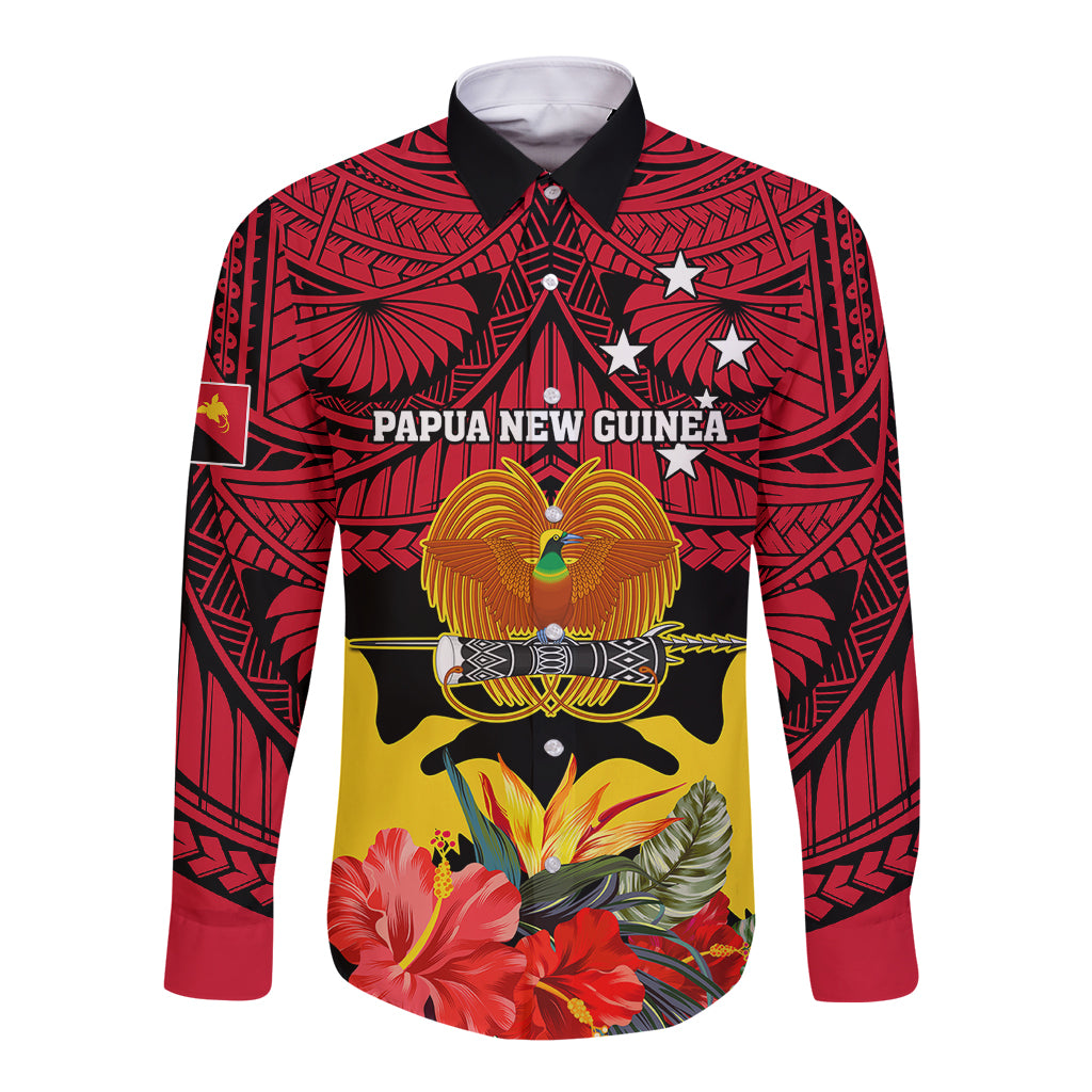 Personalised Papua New Guinea Long Sleeve Button Shirt Bird Of Paradise Mix Polynesian Pattern LT01 Unisex Red - Polynesian Pride