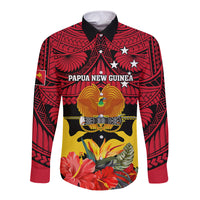 Personalised Papua New Guinea Long Sleeve Button Shirt Bird Of Paradise Mix Polynesian Pattern LT01 Unisex Red - Polynesian Pride