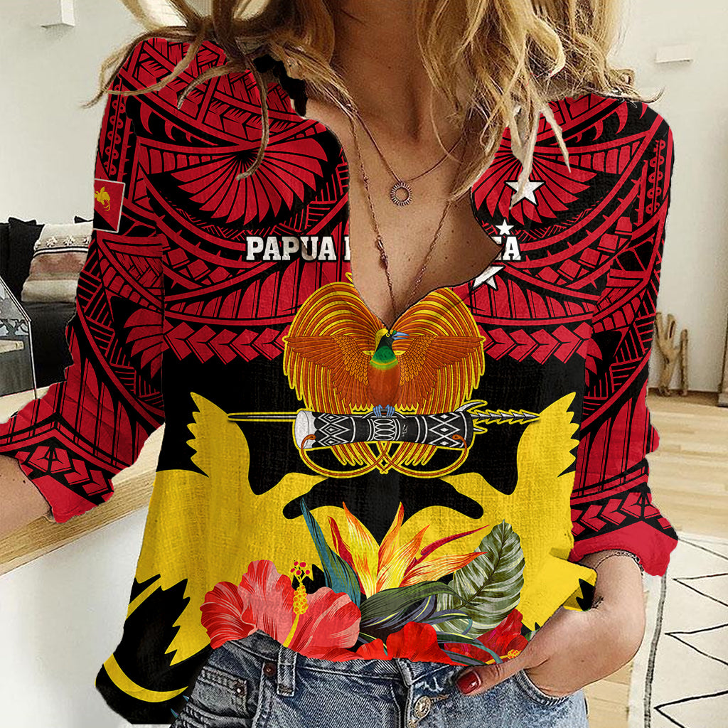 Personalised Papua New Guinea Women Casual Shirt Bird Of Paradise Mix Polynesian Pattern LT01 Female Red - Polynesian Pride
