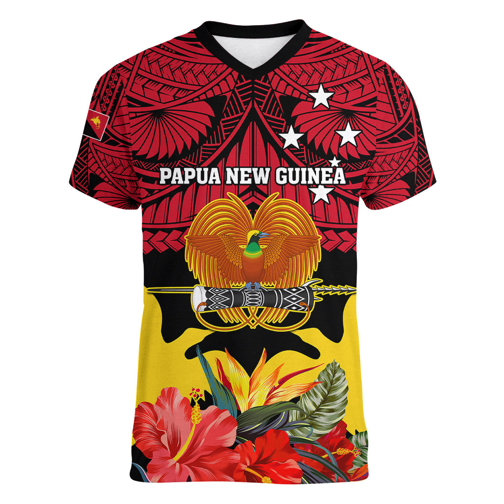 Personalised Papua New Guinea Women V Neck T Shirt Bird Of Paradise Mix Polynesian Pattern LT01 Female Red - Polynesian Pride
