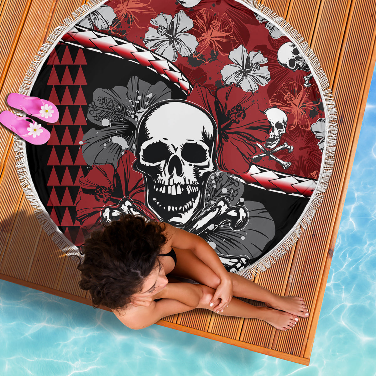 Hawaii Halloween Beach Blanket Hibiscus Skull Kakau Pattern LT01 - Wonder Print Shop