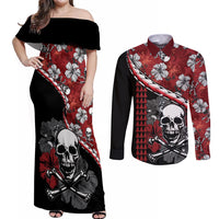 Hawaii Halloween Couples Matching Off Shoulder Maxi Dress and Long Sleeve Button Shirts Hibiscus Skull Kakau Pattern LT01 Red - Polynesian Pride
