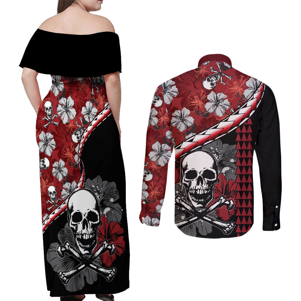 Hawaii Halloween Couples Matching Off Shoulder Maxi Dress and Long Sleeve Button Shirts Hibiscus Skull Kakau Pattern LT01 - Polynesian Pride
