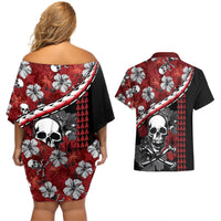 Hawaii Halloween Couples Matching Off Shoulder Short Dress and Hawaiian Shirt Hibiscus Skull Kakau Pattern LT01 - Polynesian Pride
