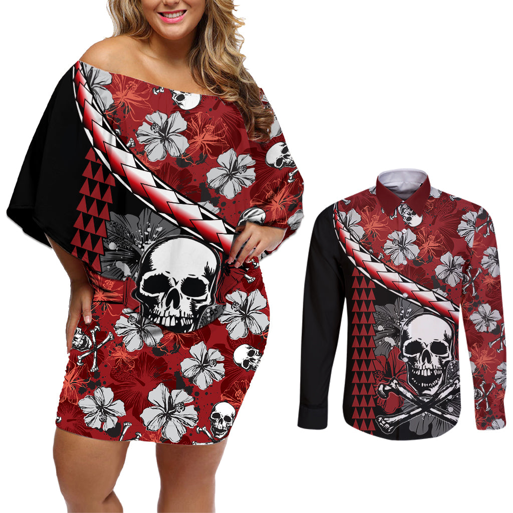 Hawaii Halloween Couples Matching Off Shoulder Short Dress and Long Sleeve Button Shirts Hibiscus Skull Kakau Pattern LT01 Red - Polynesian Pride