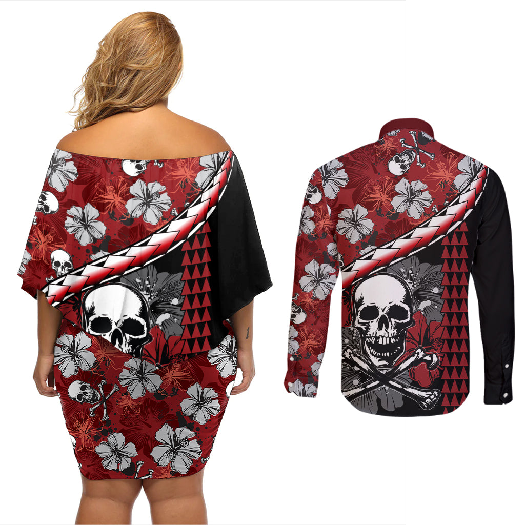 Hawaii Halloween Couples Matching Off Shoulder Short Dress and Long Sleeve Button Shirts Hibiscus Skull Kakau Pattern LT01 - Polynesian Pride