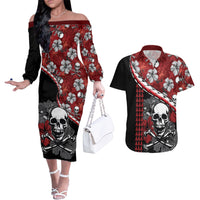 Hawaii Halloween Couples Matching Off The Shoulder Long Sleeve Dress and Hawaiian Shirt Hibiscus Skull Kakau Pattern LT01 Red - Polynesian Pride