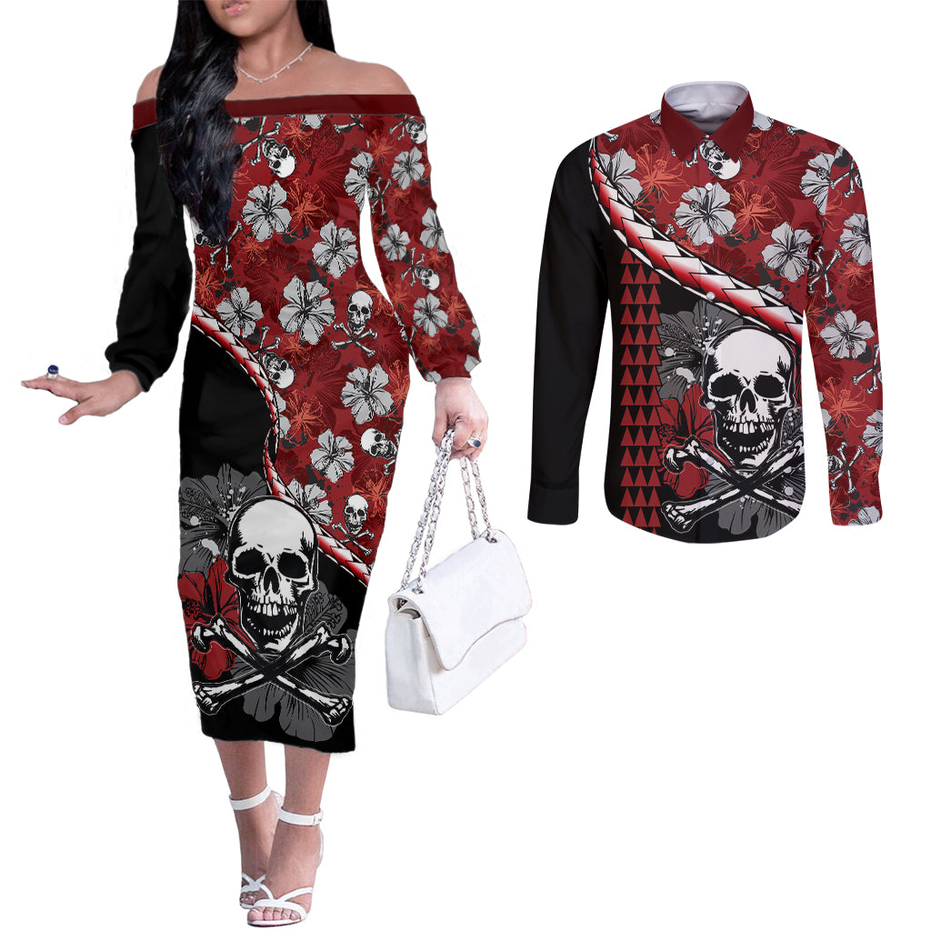 Hawaii Halloween Couples Matching Off The Shoulder Long Sleeve Dress and Long Sleeve Button Shirts Hibiscus Skull Kakau Pattern LT01 Red - Polynesian Pride