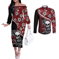 Hawaii Halloween Couples Matching Off The Shoulder Long Sleeve Dress and Long Sleeve Button Shirts Hibiscus Skull Kakau Pattern LT01 Red - Polynesian Pride