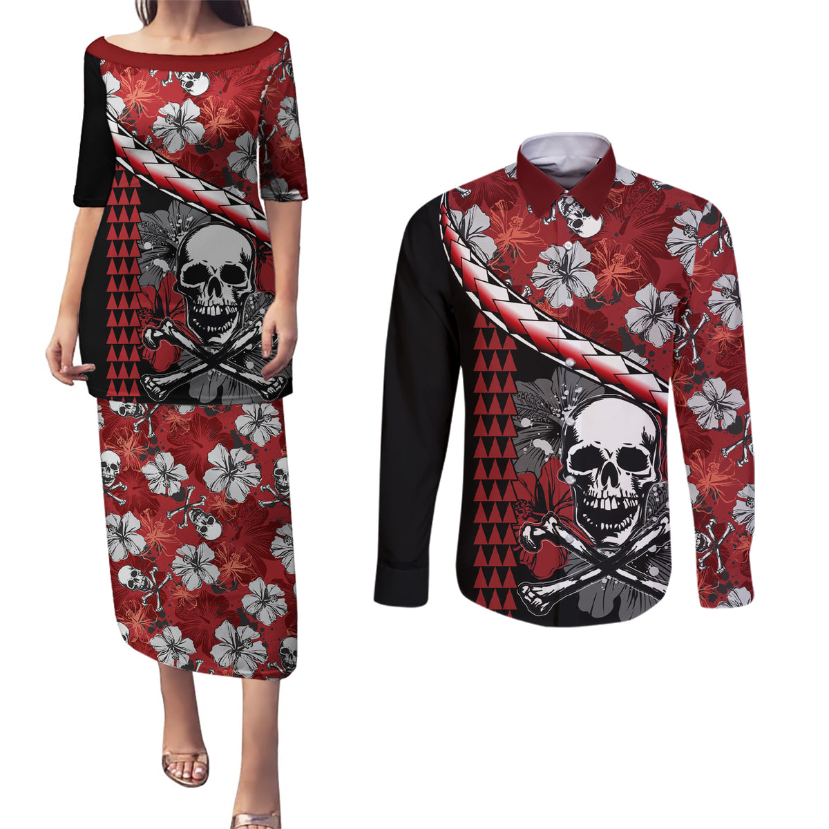 Hawaii Halloween Couples Matching Puletasi Dress and Long Sleeve Button Shirts Hibiscus Skull Kakau Pattern LT01 Red - Polynesian Pride