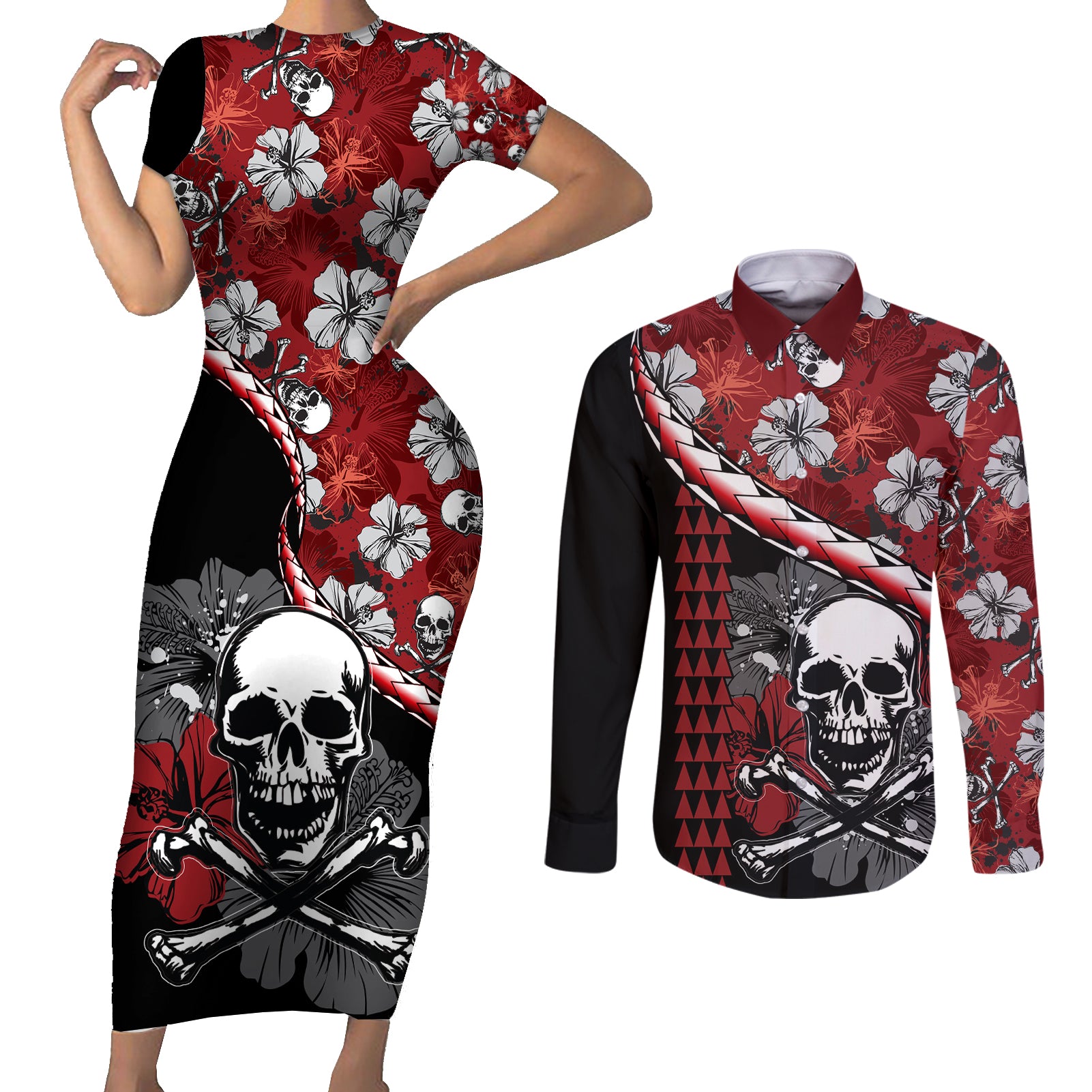 Hawaii Halloween Couples Matching Short Sleeve Bodycon Dress and Long Sleeve Button Shirts Hibiscus Skull Kakau Pattern LT01 Red - Polynesian Pride