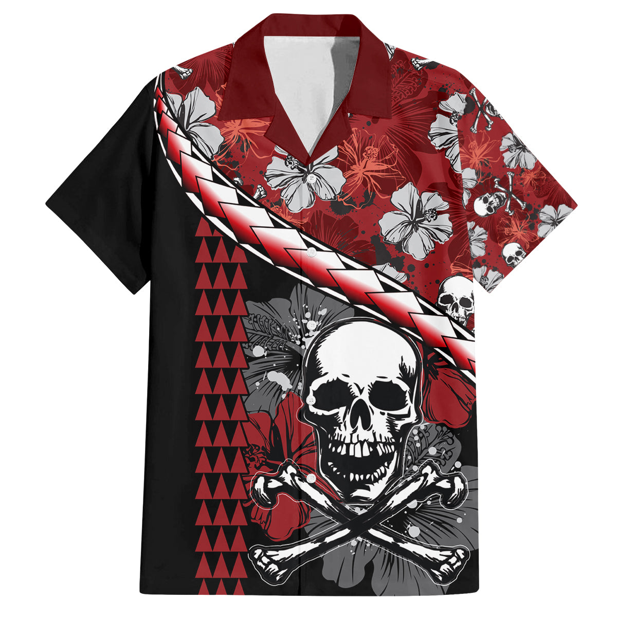 Hawaii Halloween Family Matching Long Sleeve Bodycon Dress and Hawaiian Shirt Hibiscus Skull Kakau Pattern LT01 Dad's Shirt - Short Sleeve Red - Polynesian Pride