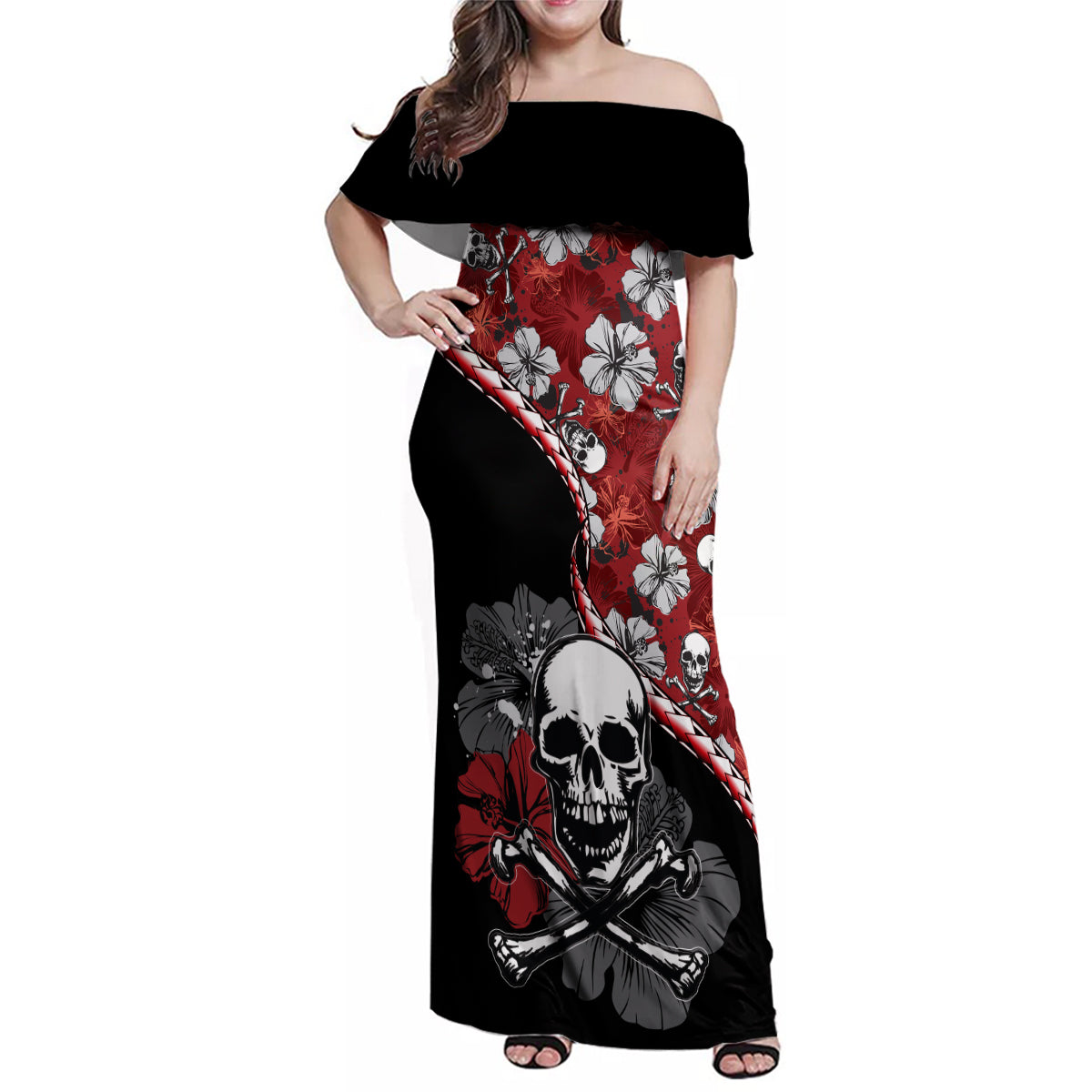 Hawaii Halloween Family Matching Off Shoulder Maxi Dress and Hawaiian Shirt Hibiscus Skull Kakau Pattern LT01 Mom's Dress Red - Polynesian Pride