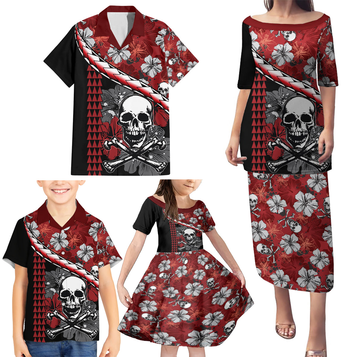 Hawaii Halloween Family Matching Puletasi Dress and Hawaiian Shirt Hibiscus Skull Kakau Pattern LT01 - Polynesian Pride