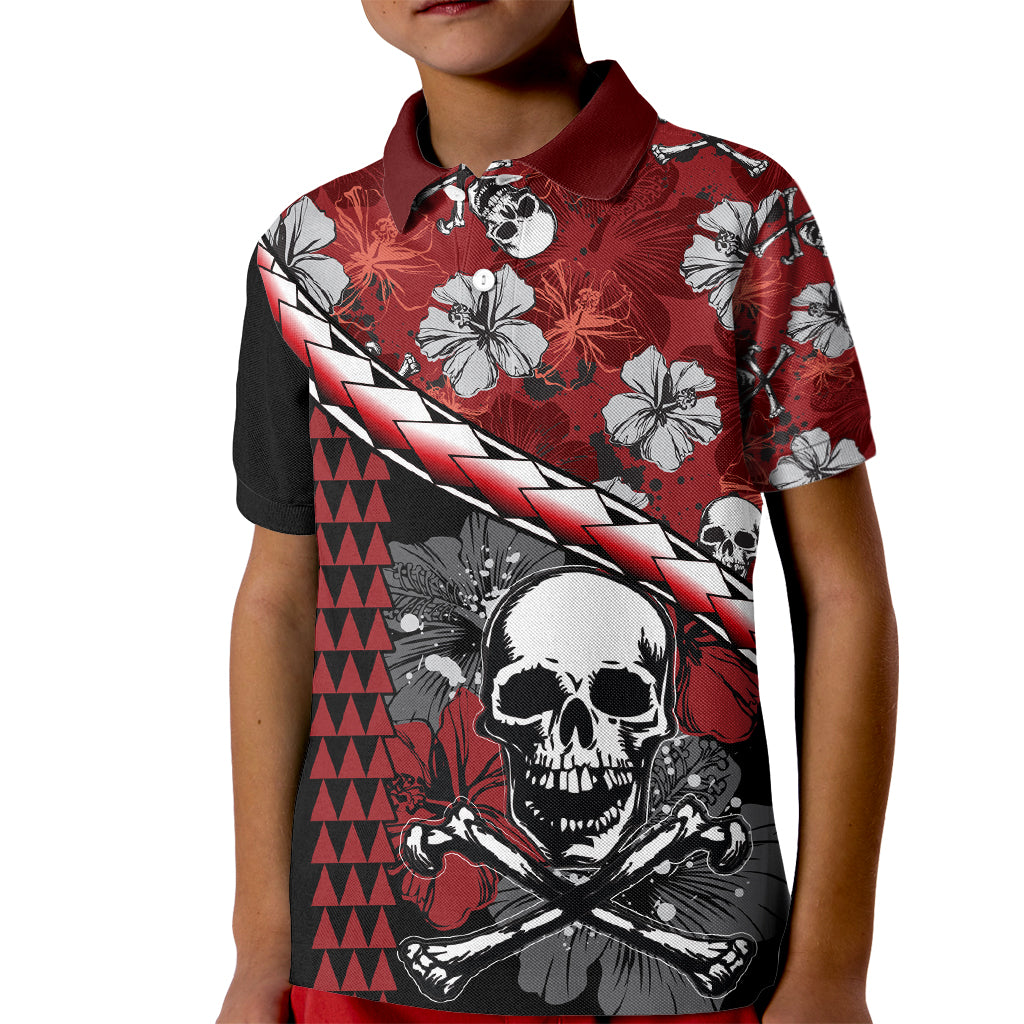 Hawaii Halloween Kid Polo Shirt Hibiscus Skull Kakau Pattern LT01 Kid Red - Polynesian Pride