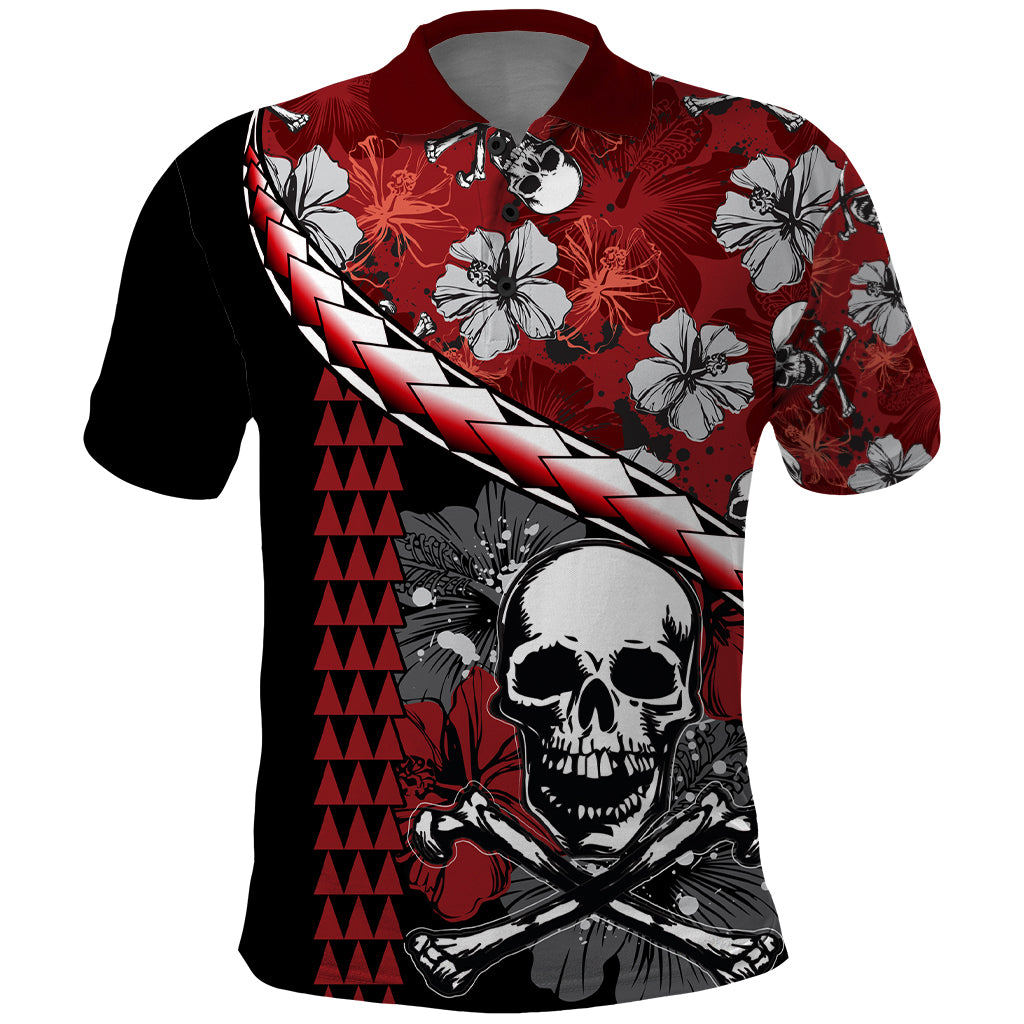 Hawaii Halloween Polo Shirt Hibiscus Skull Kakau Pattern LT01 Red - Polynesian Pride