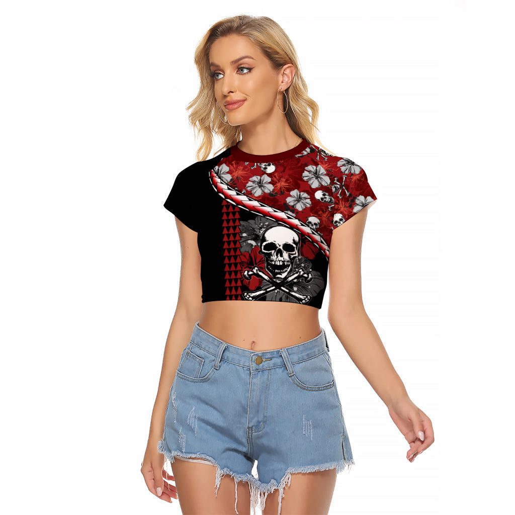 Hawaii Halloween Raglan Cropped T Shirt Hibiscus Skull Kakau Pattern LT01 Female Red - Polynesian Pride